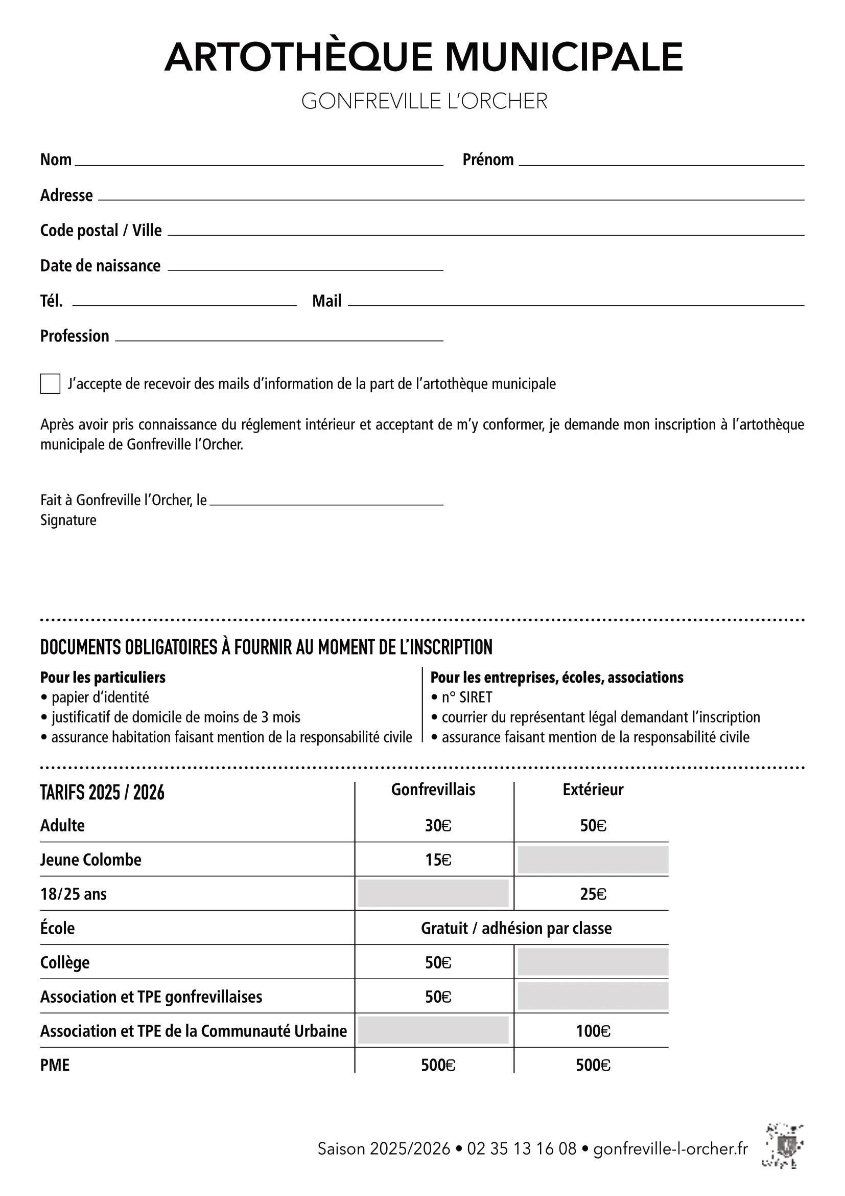 Fiche d'inscription à l'artothèque